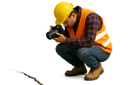 clear background construction worker taking photos with HD camera of floor crack-1