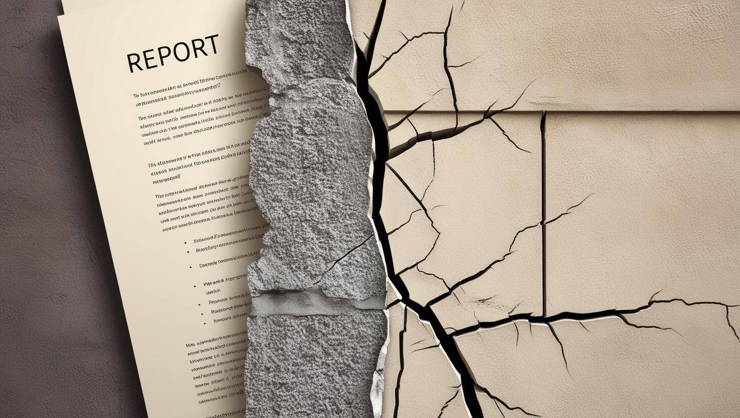 on the right side of the image, make a crack on building wall. make that crack being superimposed on a report document on the right side of the image, make a crack on building wall. make that crack being superimposed on a report document